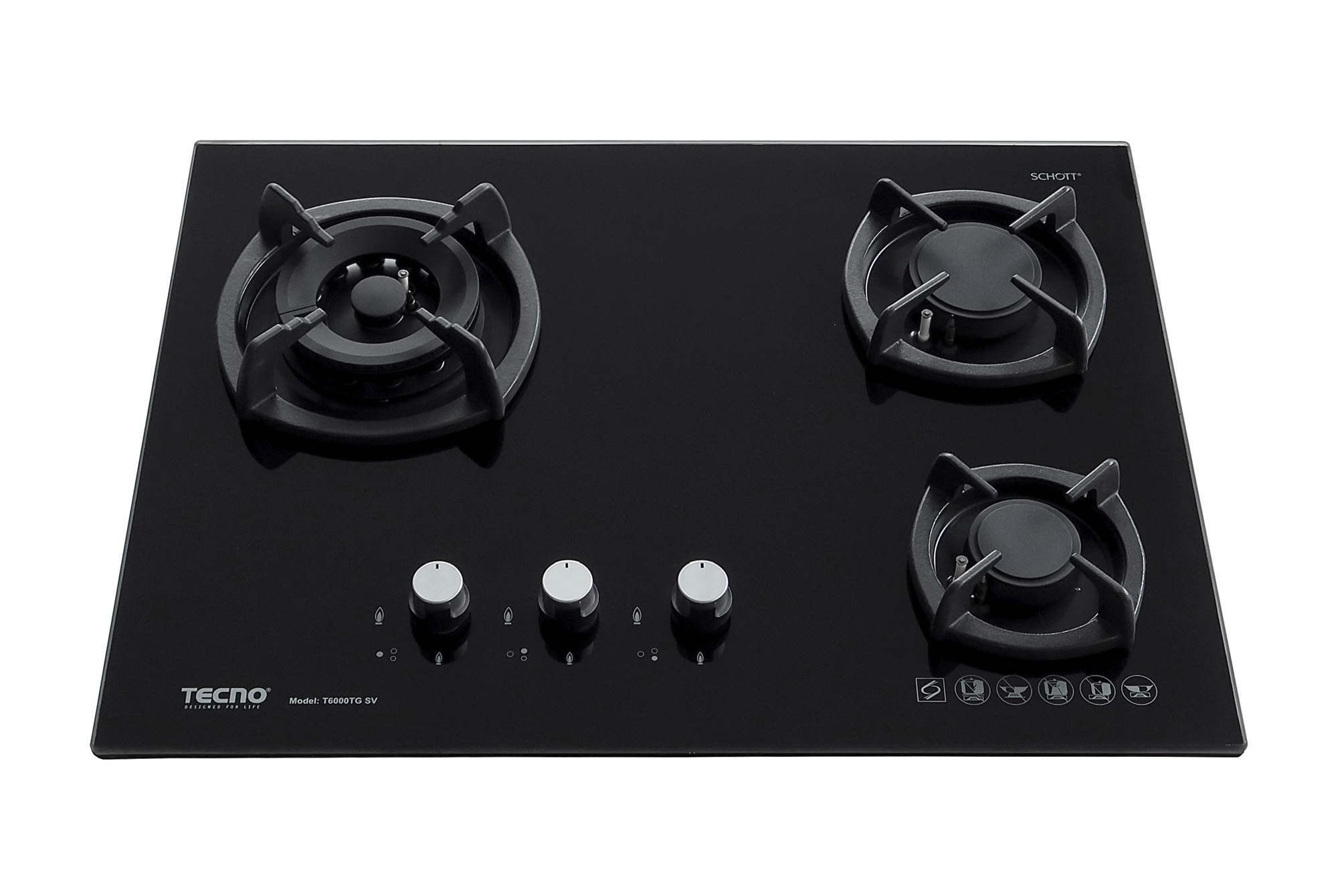 Tecno 3-Burner 65cm Glass Cooker Hob with Inferno Wok Burner Technology