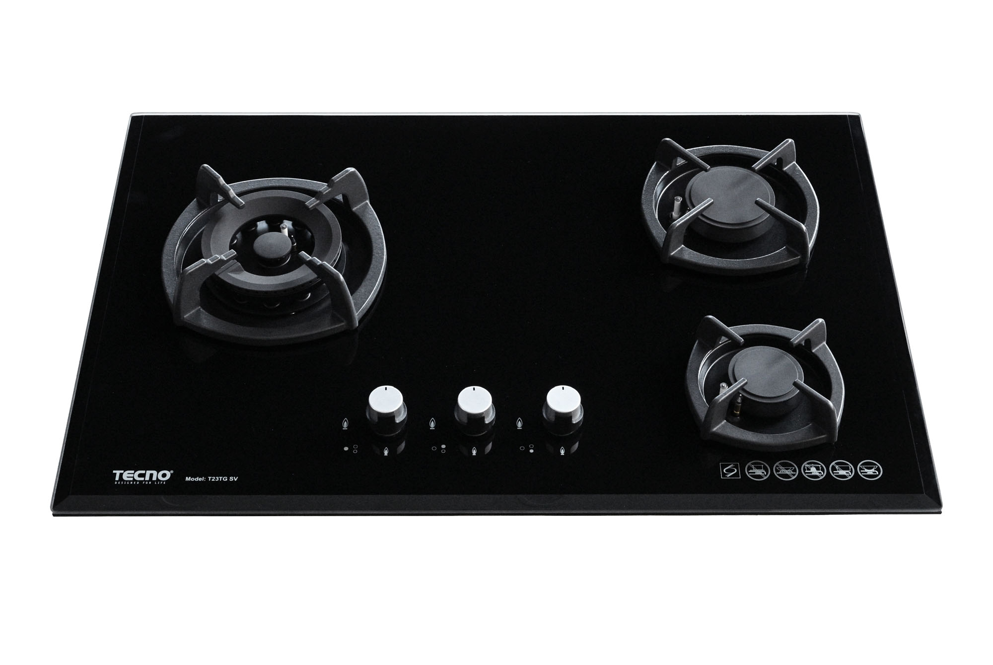 Tecno 75cm 3-Burner Glass Cooker Hob with Inferno Wok Burner Technology