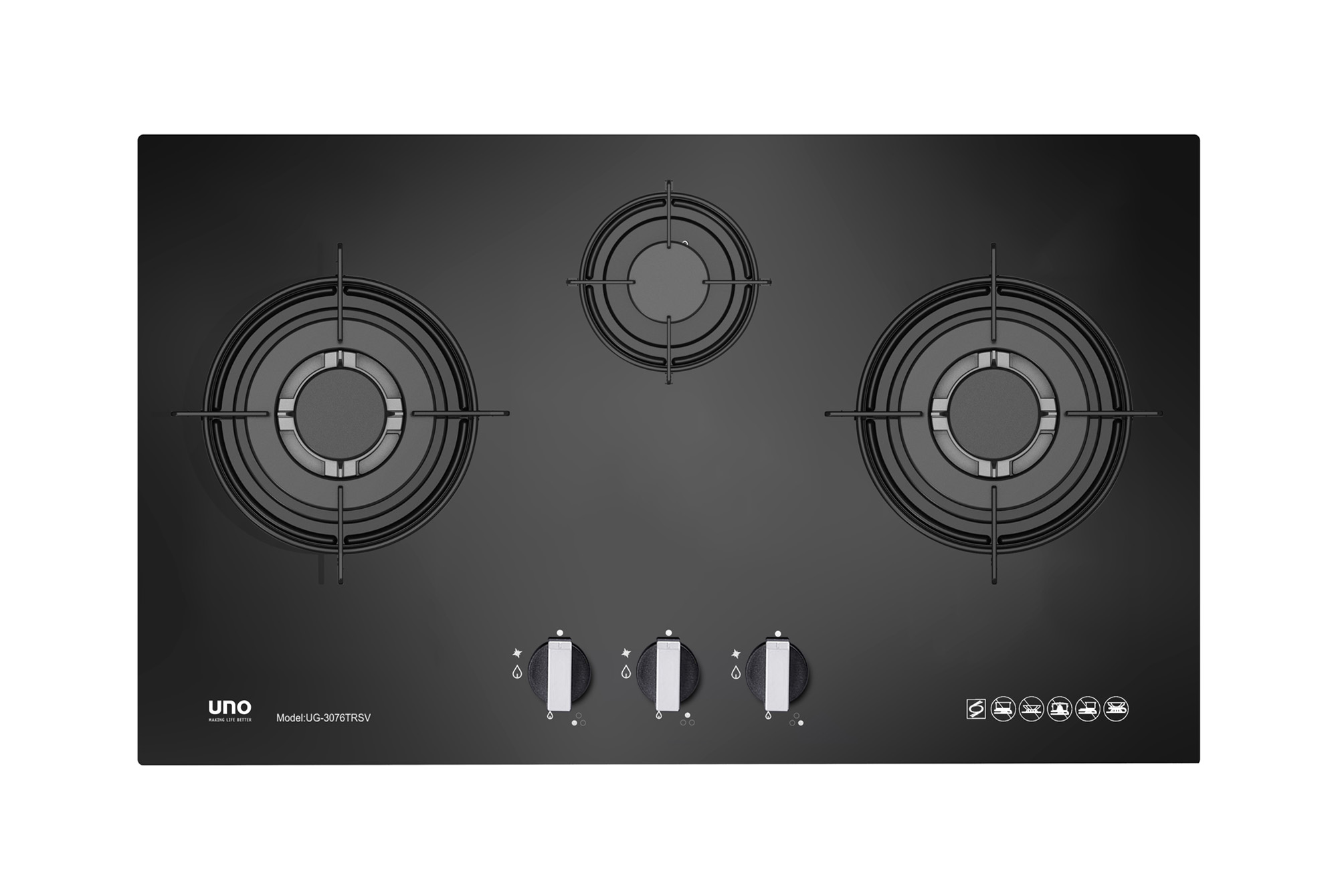 UNO 76cm 3-Burner Tempered Glass Hob