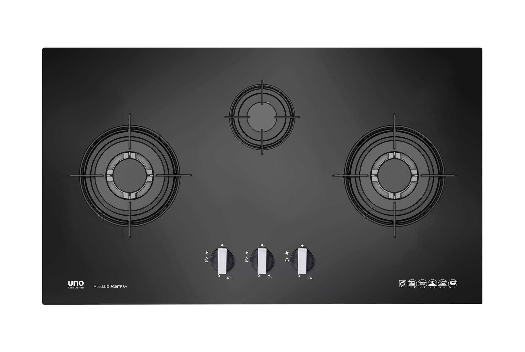 UNO 86cm 3-Burner Tempered Glass Hob