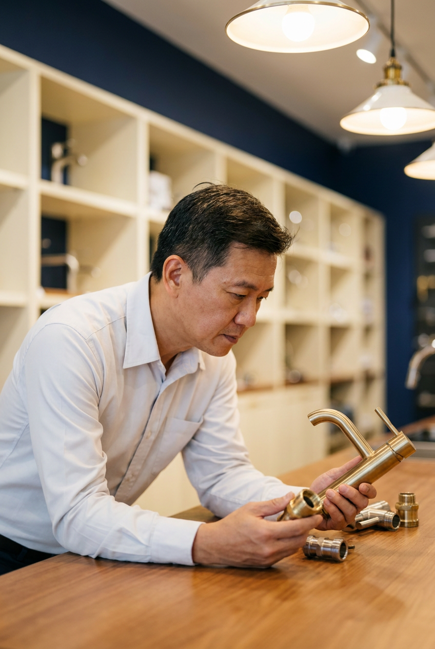 Selecting brass taps at the Poh Joo showroom counter