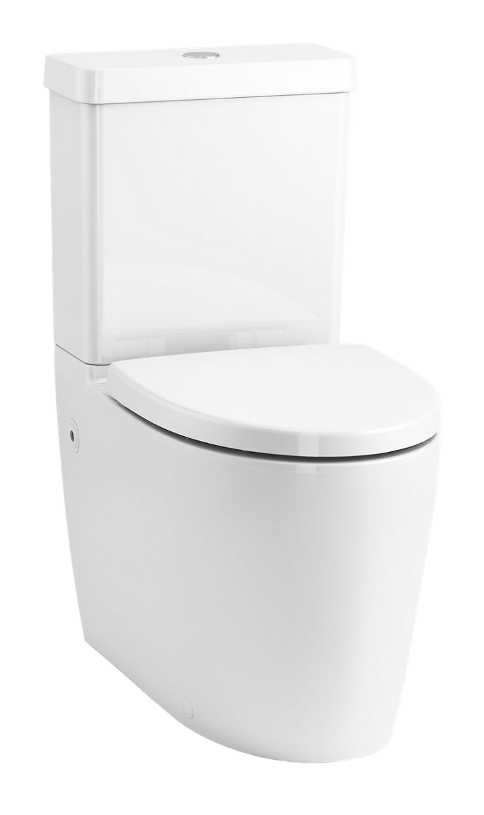 Two-piece compact elongated toilet with skirted trapway, dual-flush