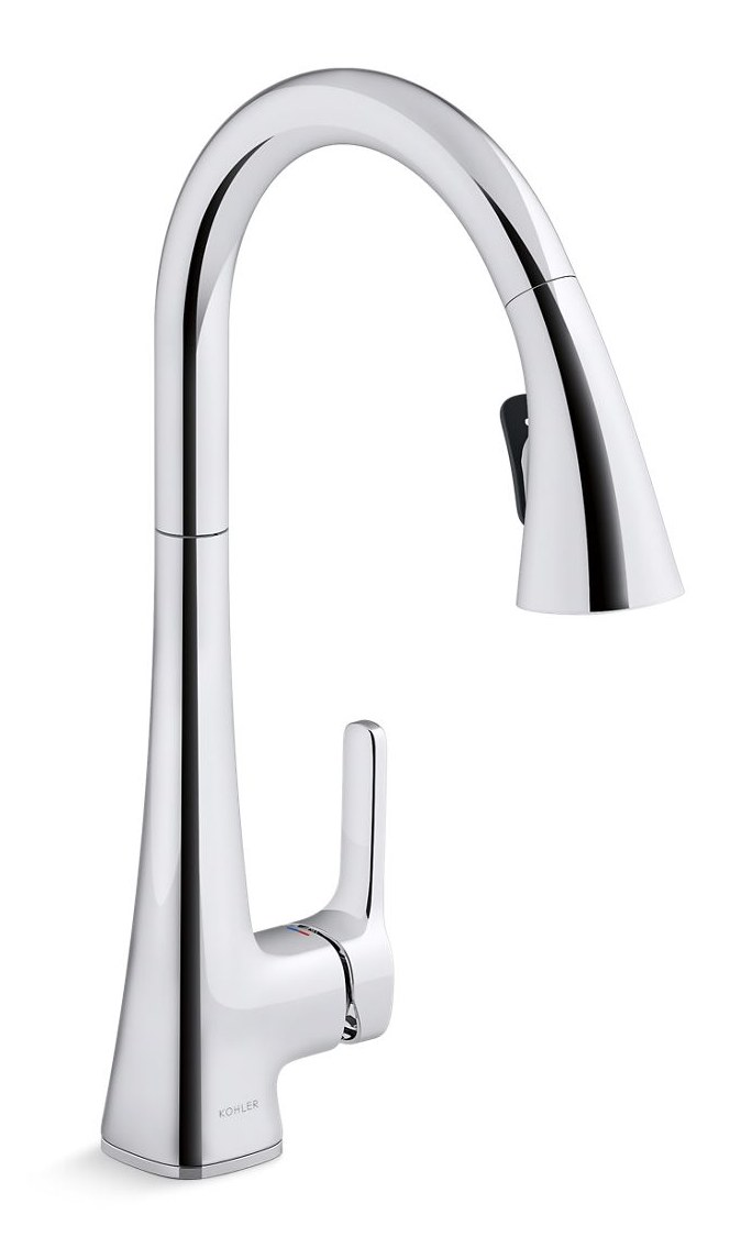 Touchless pull-down kitchen sink faucet with two-function sprayhead