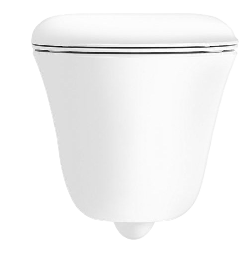 Wall-hung round-front toilet with skirted trapway, dual-flush