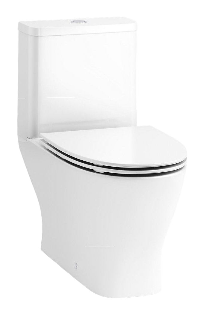 One-piece compact elongated toilet with skirted trapway, dual-flush