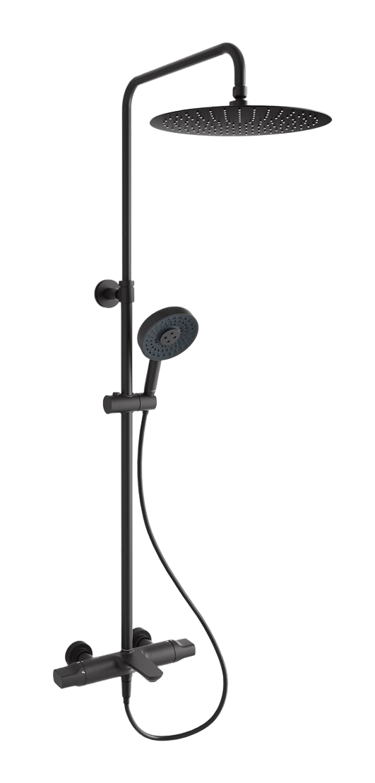 Three-way thermostatic bath/shower column with rainhead and handshower, 9.5 lpm