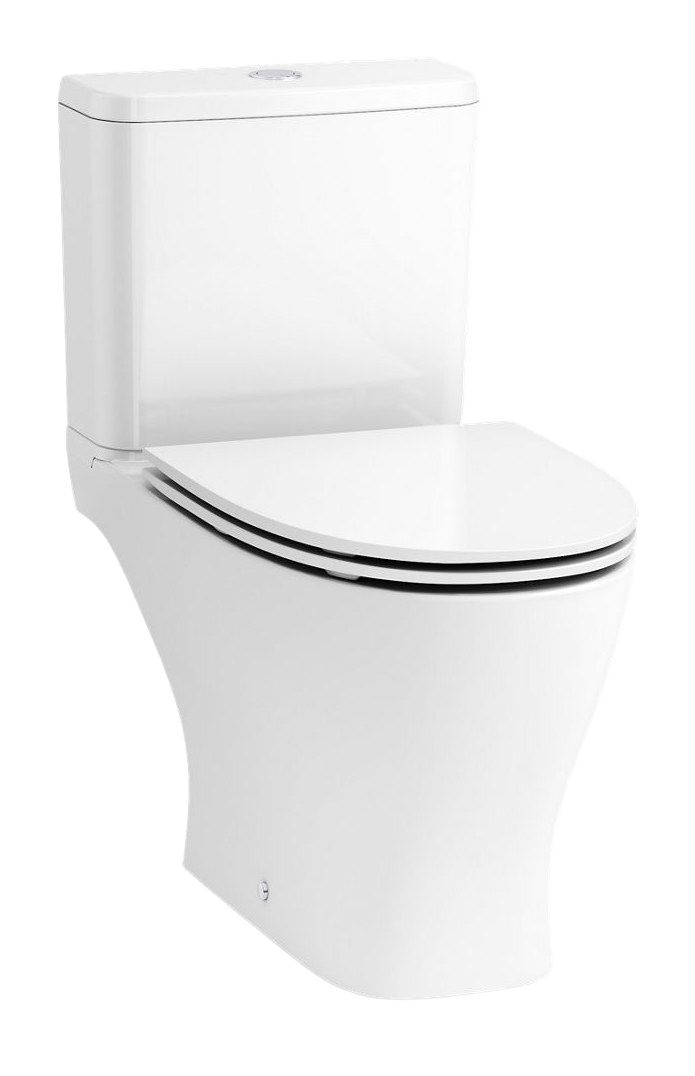 Two-piece compact elongated toilet with skirted trapway, dual-flush