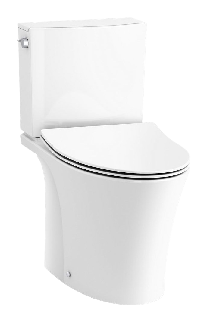 Two-piece compact elongated toilet with skirted trapway, dual-flush