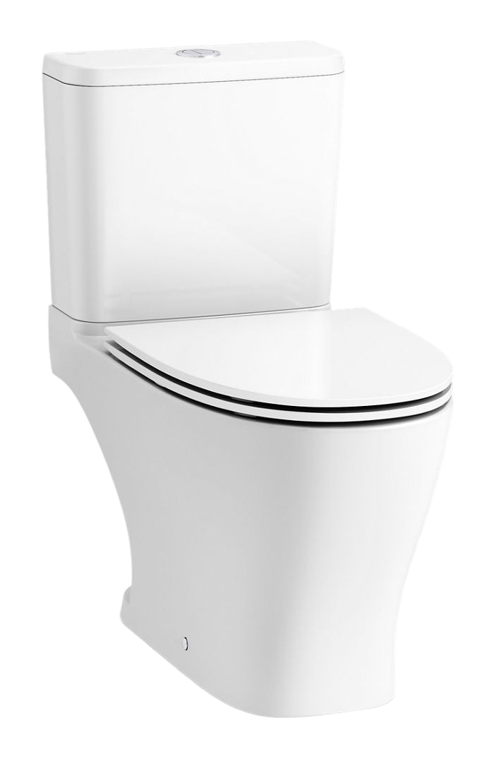 Two-piece elongated toilet with skirted trapway, dual-flush