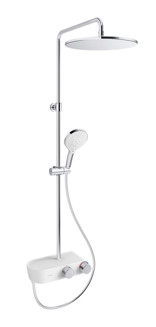Three-way thermostatic bath & shower column with rainhead and three-function handshower, 9.5 lpm