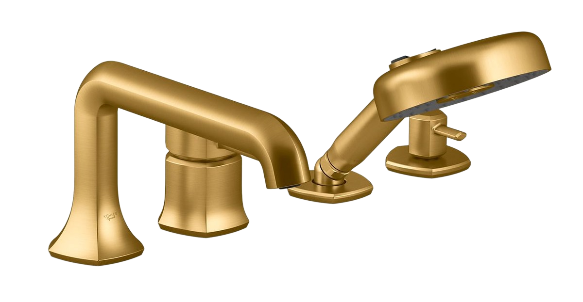 Deck-mount single-handle bath faucet with handshower, Straight spout and diverter